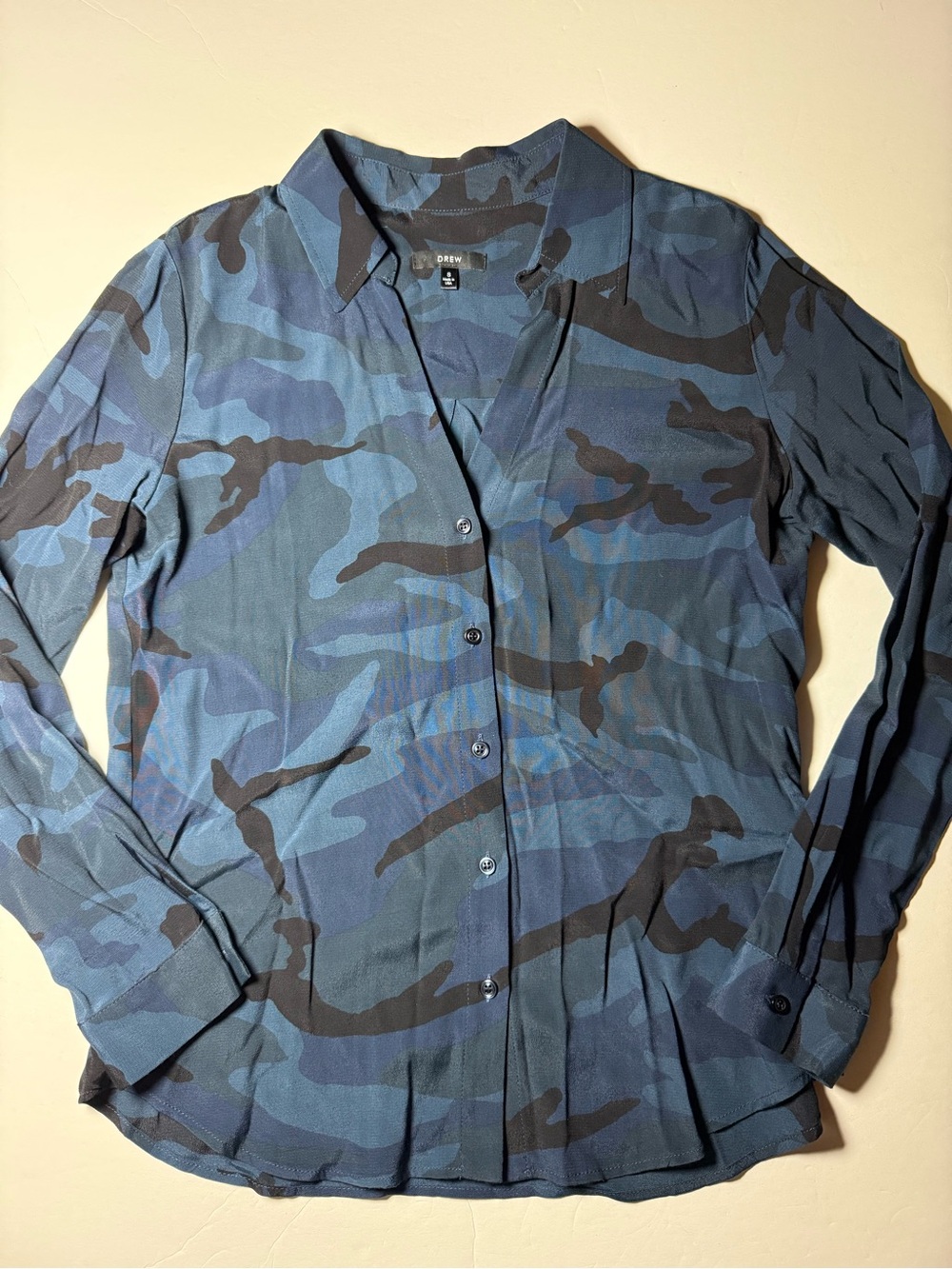 DREW Anthropologie Blue Camo 100% Rayon Button Down Blouse S Made USA